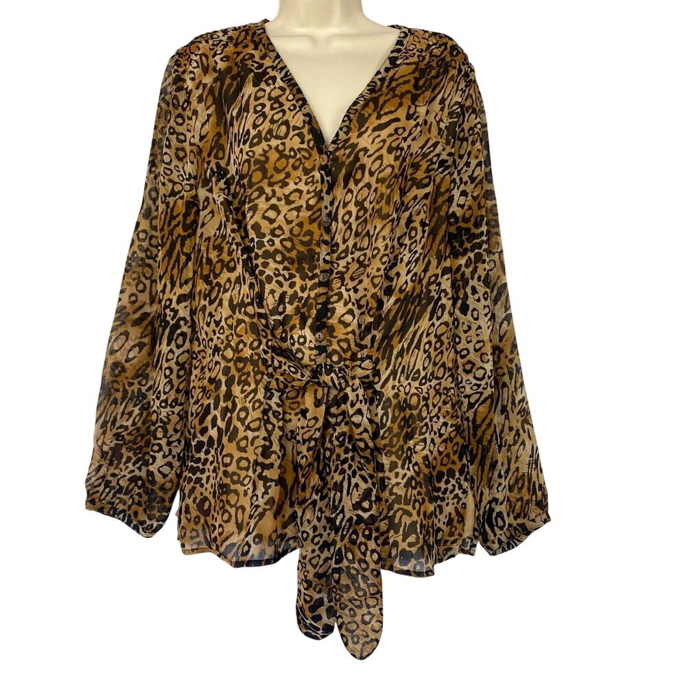 Coldwater Creek Top Womens XL Animal Print Tie Front Button Up Crepe Flowy NEW